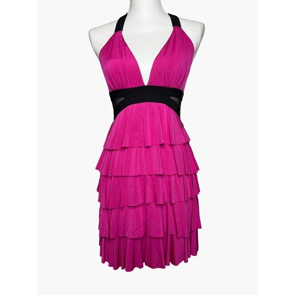bebe XS Pink Black Cut Out Dress Ruffle Skirt Deep V Backless Vintage Y2K Samba - Picture 1 of 9